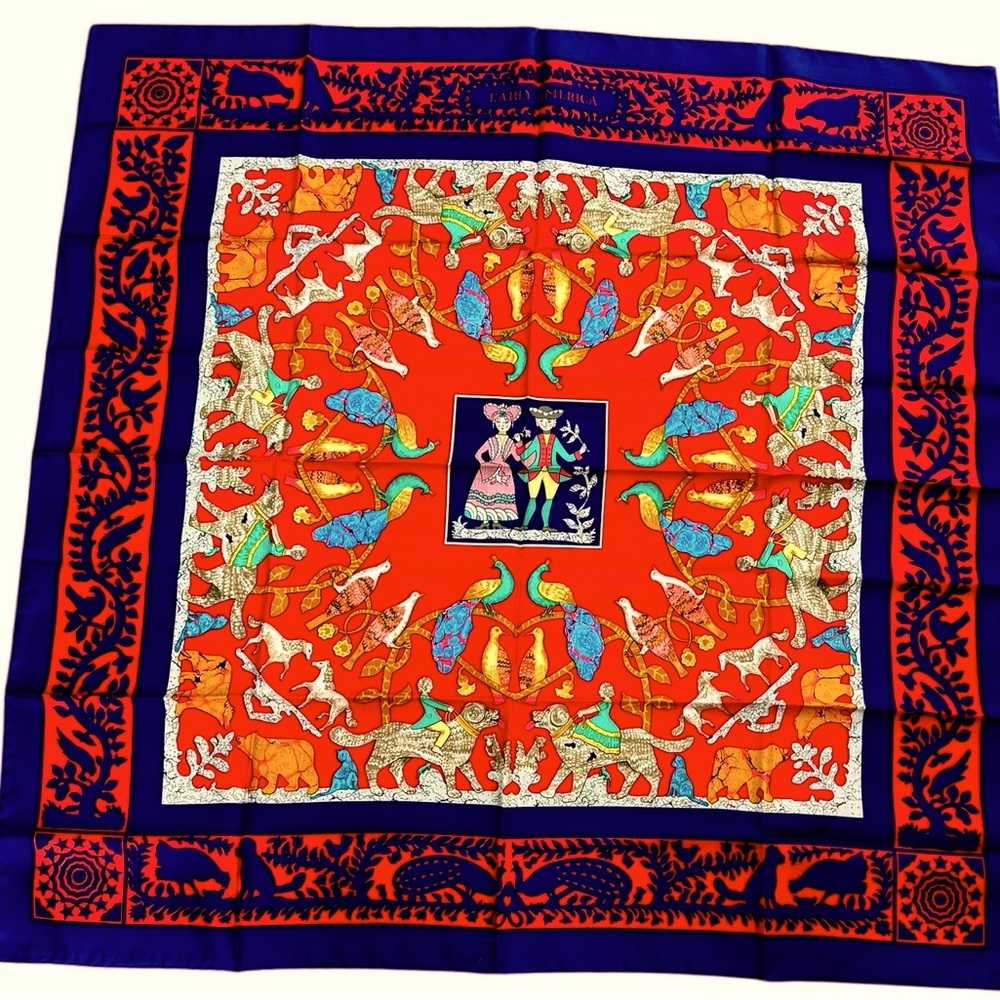 Authentic Hermes Silk Scarf EARLY AMERICA Red Navy Gold BEAUTIFUL CONDITION